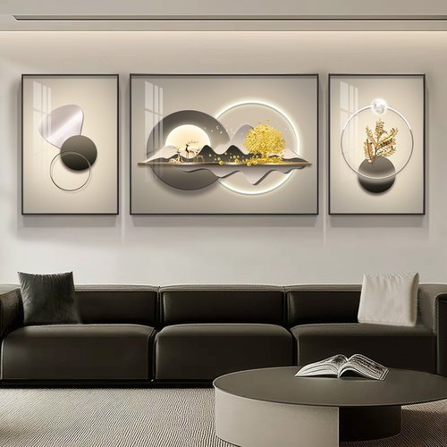 轻奢福鹿高级感发财树客厅沙发背景墙壁装饰画三联壁画简约大气