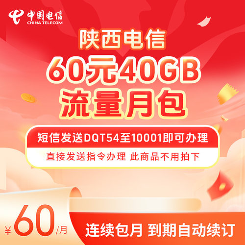 陕西电信60元40GB流量月包DQT54至10001即可办理
