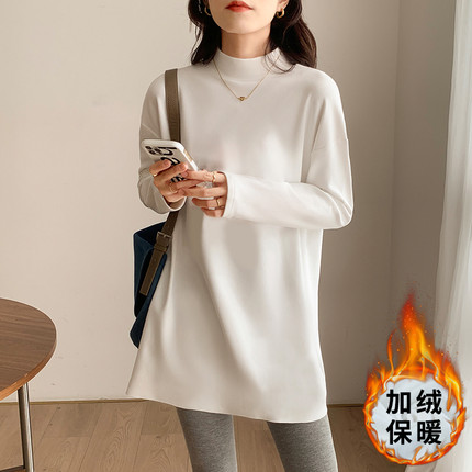 中长款长袖t恤女秋冬加绒半高领双面德绒卫衣白色打底衫内搭上衣