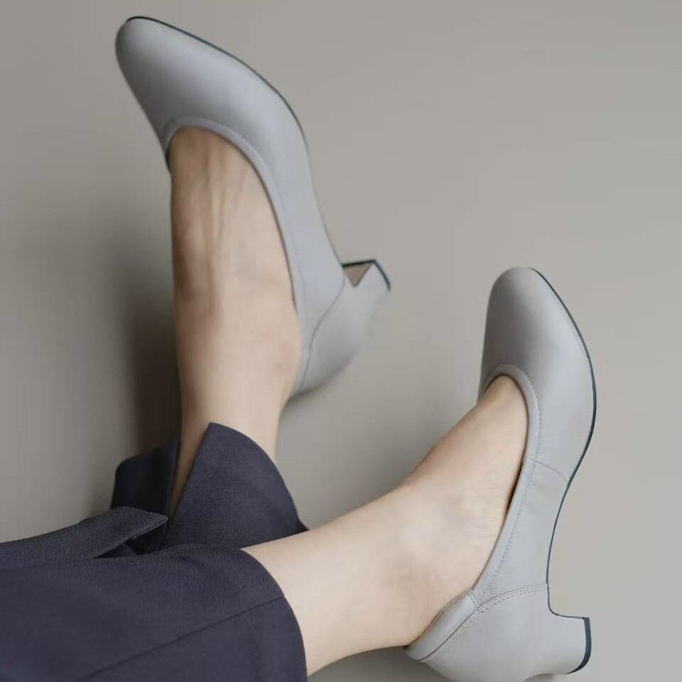 壹家shoes040003超软羊皮单鞋4公分真皮圆头高跟鞋防掉跟不累脚女