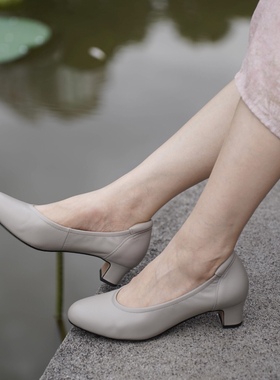 壹家shoes040003超软羊皮单鞋4公分真皮圆头高跟鞋防掉跟不累脚女