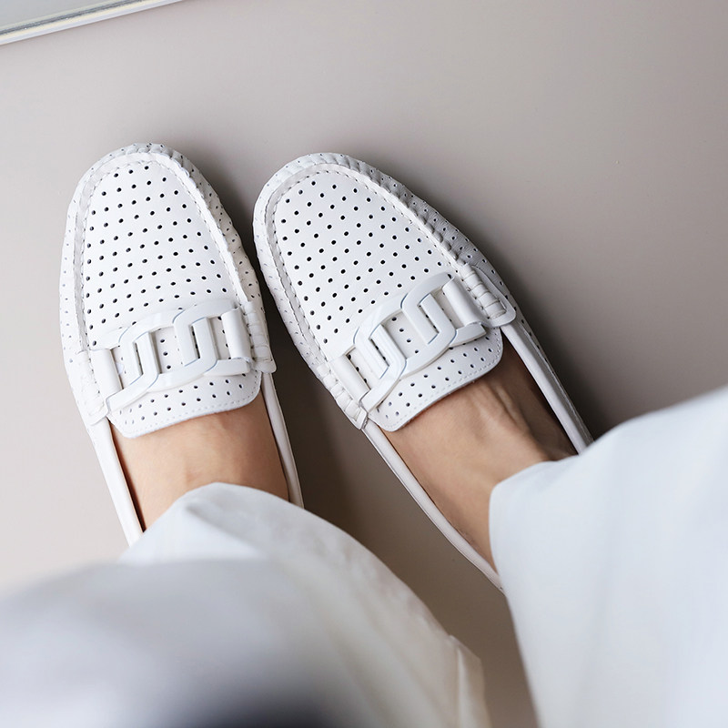 壹家shoes001084牛皮2.5cm一脚蹬乐福鞋透气孔软底女鞋子春夏百搭