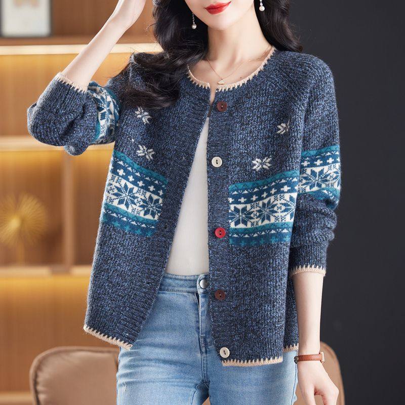 圆领针织开衫女短款春秋新款宽松外搭洋气提花时尚妈妈装毛衣外套,女装/女士精品,毛针织衫,淘宝优惠券,粉丝福利购,淘宝优惠卷