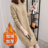 百搭针织打底衫 加绒加厚毛衣女套头中长款 半高领2019秋冬宽松大码