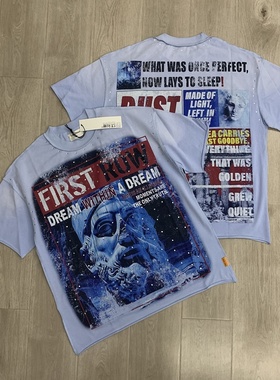 FIRST ROW美式高街小众潮牌夏季休闲人像直喷印花洗水做旧短袖T恤