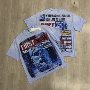休闲人像直喷印花洗水做旧短袖 高街小众潮牌夏季 T恤 ROW美式 FIRST