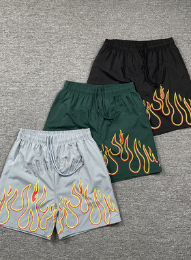 trapstar美潮高街嘻哈休闲字母刺绣火焰印花宽松梭织抽绳沙滩短裤
