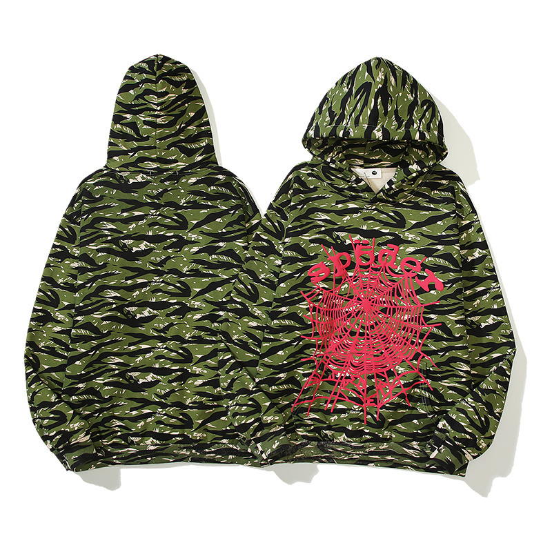 美潮高街sp5der嘻哈休闲秋冬字母logo印花宽松加绒迷彩连帽卫衣男