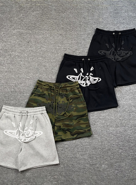 broken planet欧美高街潮牌发泡印花宽松休闲加绒抽绳短裤男女fog