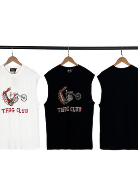 thug club欧美小众潮牌夏季休闲骷髅机车印花纯棉无袖背心汗衫男