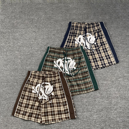 Synaworld美式高街潮牌夏季复古休闲发泡印花小众格子五分短裤男