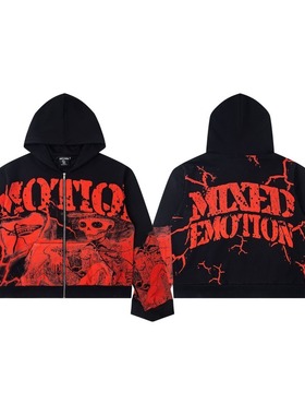 Mixed Emotion美式高街潮牌外星人怪兽字母印花宽松开衫连帽卫衣