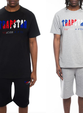 Trapstar夏季运动休闲短裤短袖T恤套装男女情侣潮流字母毛巾刺绣