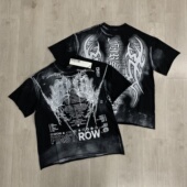 高街潮牌复古洗水做旧字母标语印花宽松纯棉短袖 FIRST ROW美式 T恤