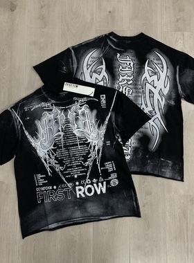 FIRST ROW美式高街潮牌复古洗水做旧字母标语印花宽松纯棉短袖T恤