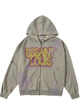 SSSAINT LOUIS HOODIE喷绘涂鸦宽松重磅纯棉开衫连帽卫衣拉链外套