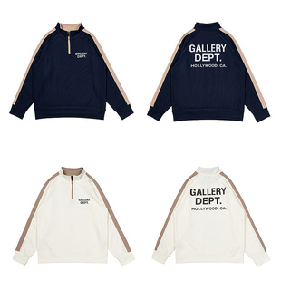 Gallery Dept美潮高街复古学院风撞色织带宽松长袖半拉链套头卫衣
