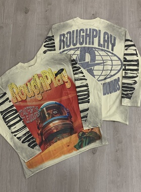 RoughPlay美潮高街复古做旧洗水烫钻破坏宽松重磅纯棉圆领长袖T恤