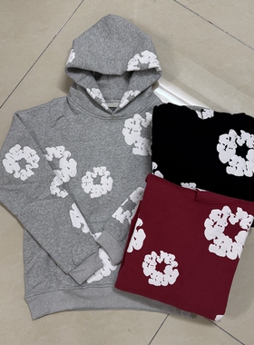 美式高街嘻哈潮牌秋冬运动休闲木棉花发泡印花宽松加绒连帽衫卫衣