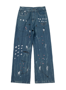 Gallery Dept Jeans美潮高街泼墨涂鸦宽松阔腿直筒洗水休闲牛仔裤