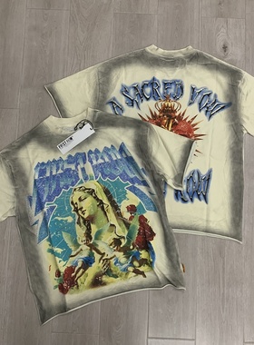 First Row美式高街潮牌复古洗水做旧人像印花烫钻宽松纯棉短袖T恤