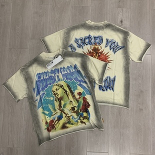 T恤 高街潮牌复古洗水做旧人像印花烫钻宽松纯棉短袖 First Row美式