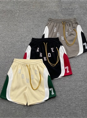 RHUDE美式高街潮牌复古做旧休闲撞色拼接宽松加绒抽绳五分短裤FOG