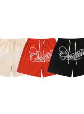 MIXED EMOTION SHORTS美潮嘻哈高街字母刺绣夏季华夫格抽绳短裤男