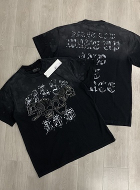 First Row小众欧美高街潮牌嘻哈休闲皮革绣花宽松重磅纯棉短袖T恤