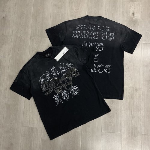 FirstRow骷髅皮革绣花短袖T恤潮