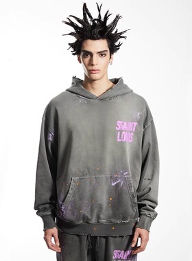 SSSAINT LOUIS HOODIE美潮高街泼墨涂鸦做旧破坏宽松纯棉连帽卫衣
