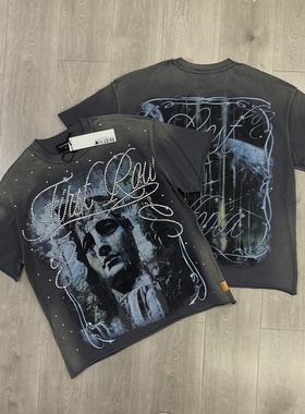 FIRST ROW VINTAGE美潮高街嘻哈休闲数码印花烫钻做旧洗水短袖T恤