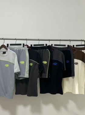 Drill SynaWorld Tracksuit夏季运动休闲刺绣美潮高街短裤T恤套装
