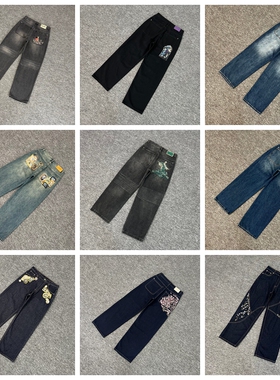 derschutze gallery denim jeans小众美潮樱花刺绣直筒牛仔长裤男