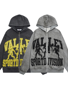 VALE VALLEY ZIP UP HOODIE美潮复古高街刺绣重磅拉链连帽衫卫衣