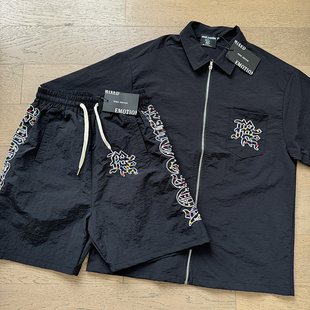 MIXED EMOTION美潮嘻哈街头刺绣钻石夏季休闲梭织短裤衬衫套装INS