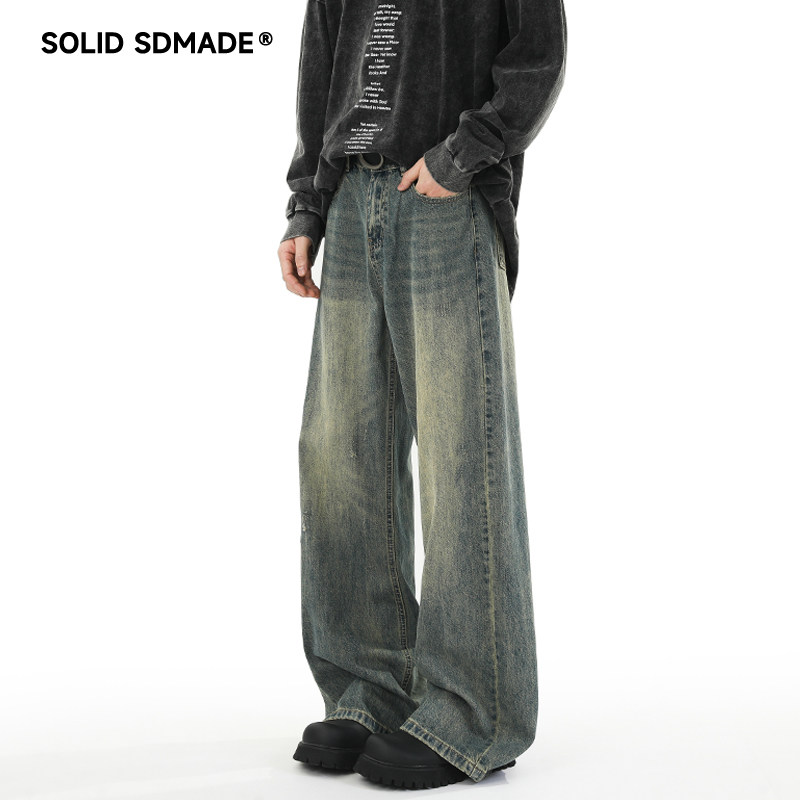 SOLIDSDMADE 美式高街磨痕牛仔裤男秋季新款潮牌宽松直筒拖地裤子
