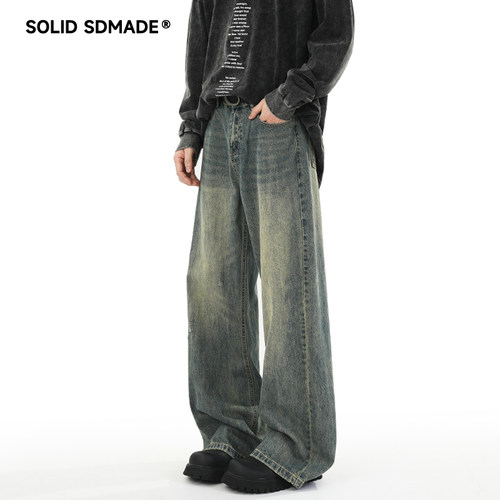 SOLIDSDMADE 美式高街磨痕牛仔裤男秋季新款潮牌宽松直筒拖地裤子