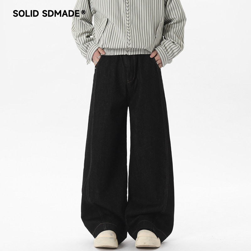 SOLIDSDMADE 美式复古黑色阔腿弯刀牛仔裤男女潮牌cleanfit直筒裤