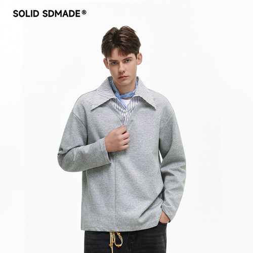 美式复古条纹假两件翻领打底衫男