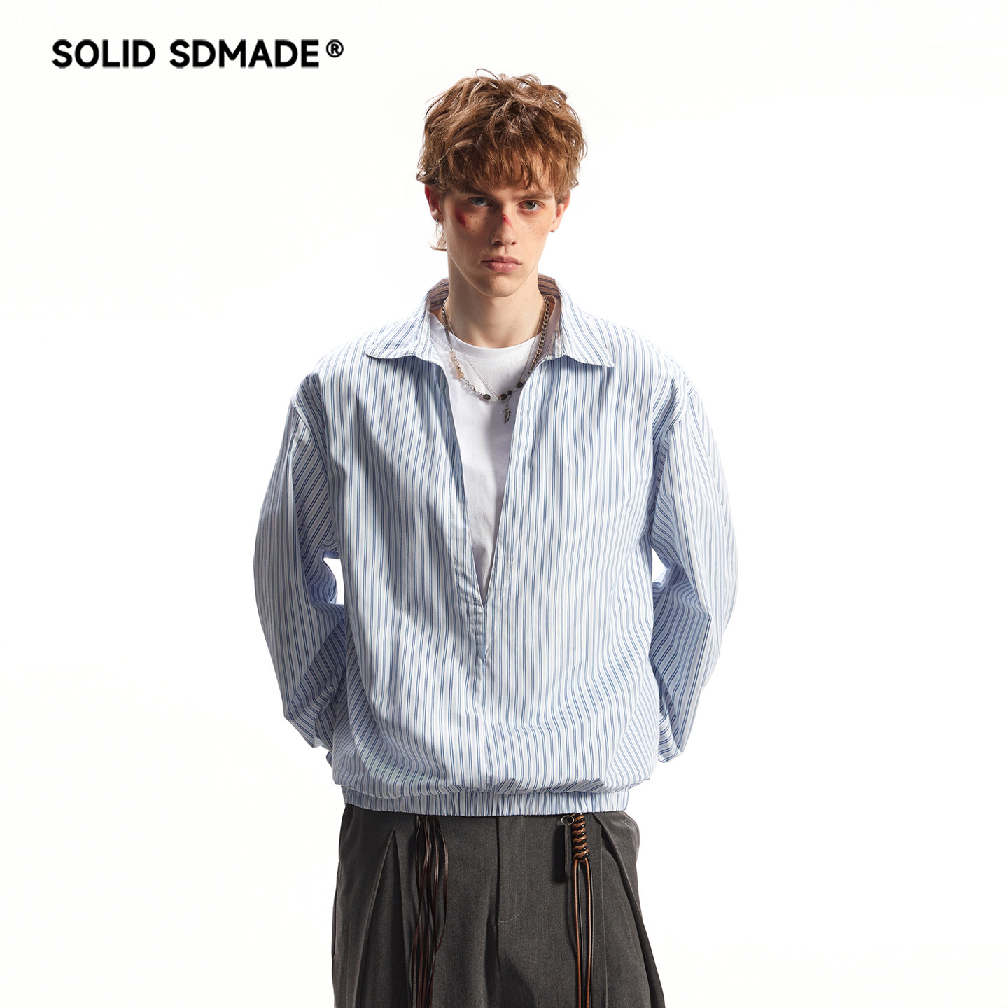 SOLID SDMADE 老钱风蓝白条纹假两件V领长袖衬衫男秋季松弛感衬衣