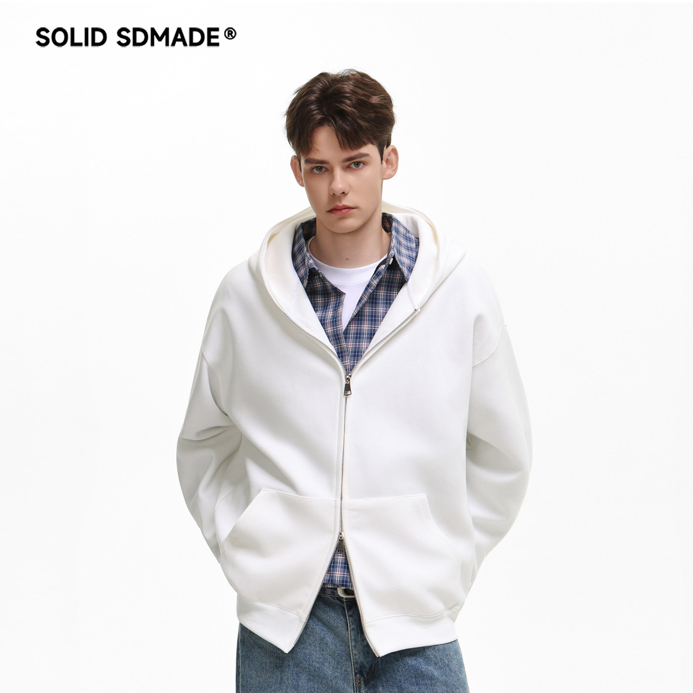 SOLIDSDMADE 美式潮牌开衫连帽卫衣男春秋季宽松休闲运动拉链外套