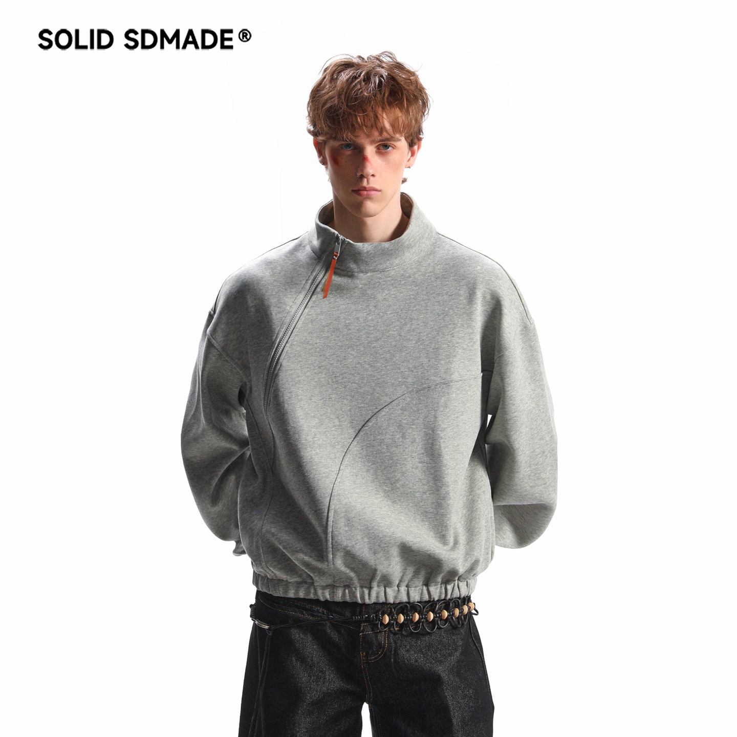 SOLID SDMADE 美式重磅斜拉链立领套头卫衣男女秋季boxy短宽外套