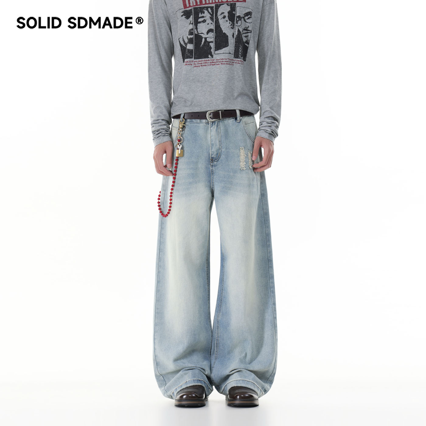 SOLID SDMADE 美式浅蓝色牛仔裤子男女秋季百搭磨破工艺直筒长裤