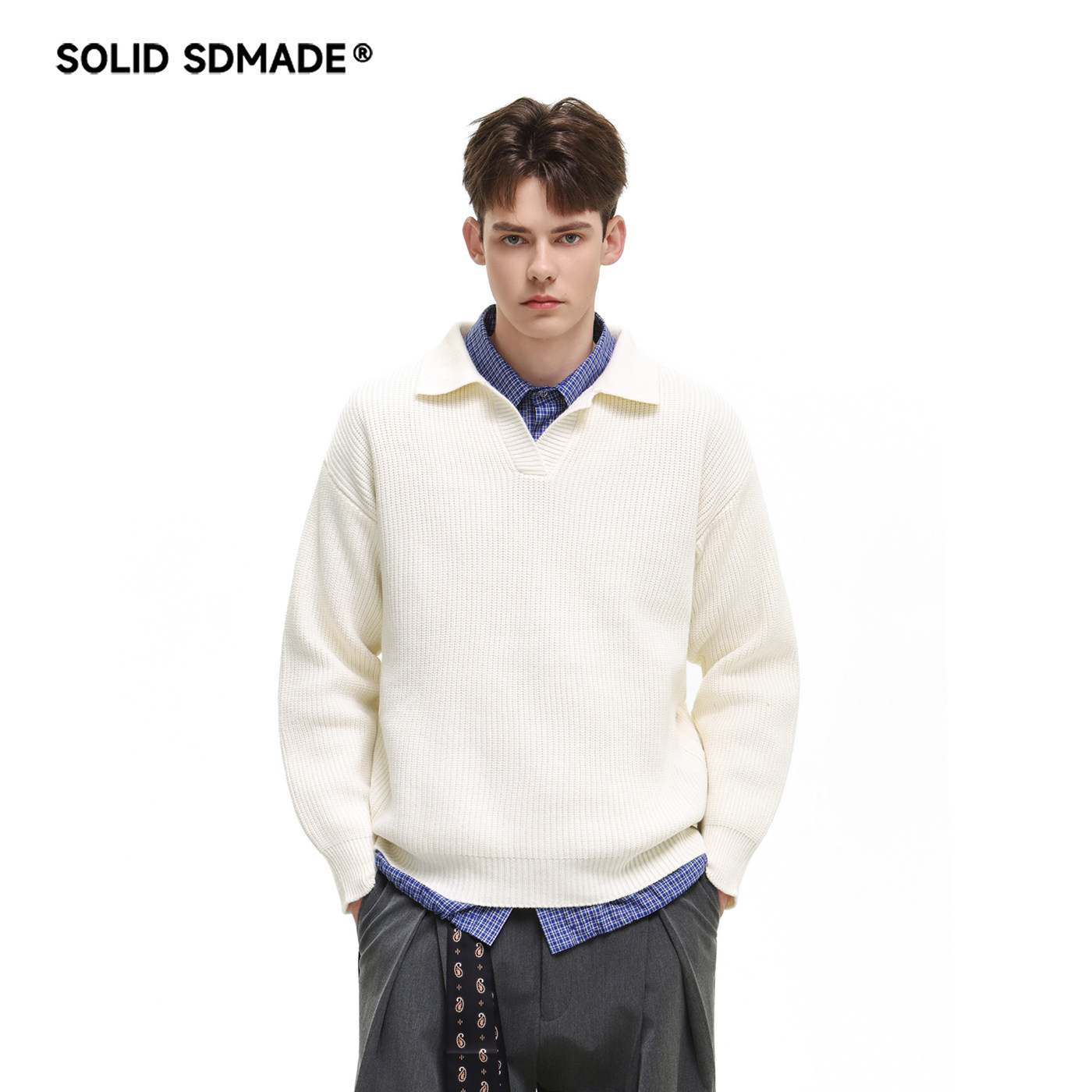 SOLID SDMADE 美式复古老钱风海鸥领针织毛衣男肌理感长袖POLO衫