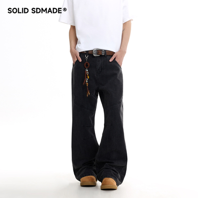 美式复古拼接结构微喇牛仔裤春季