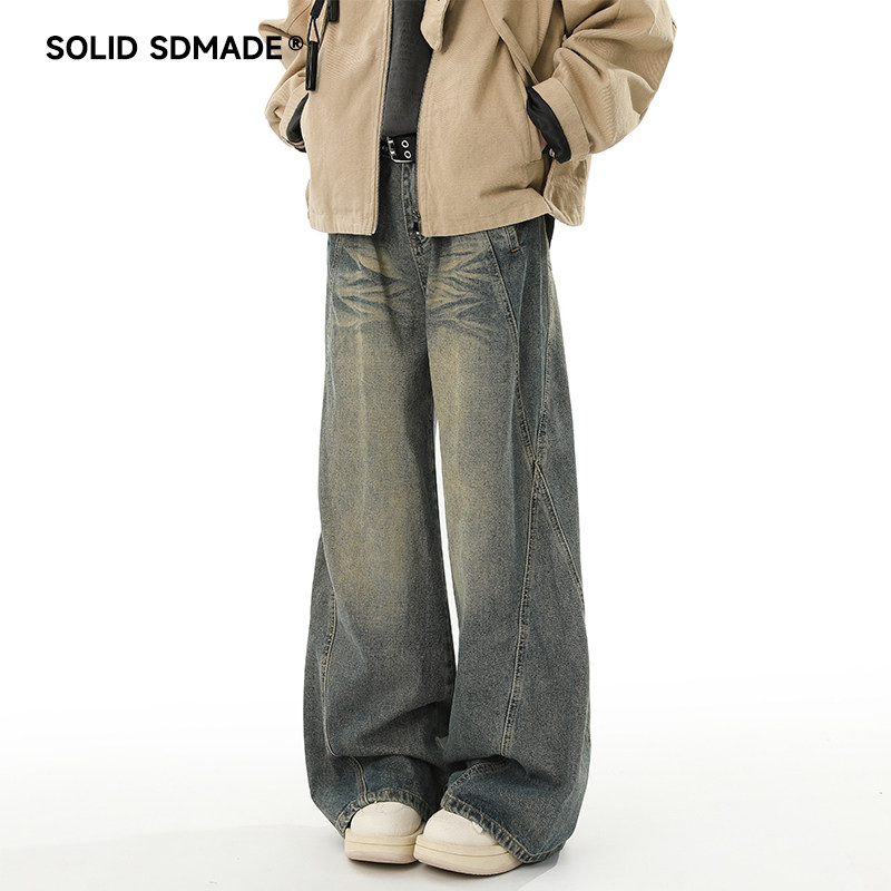 SOLIDSDMADE 美式复古水洗牛仔裤男秋季潮牌休闲裤宽松直筒阔腿裤