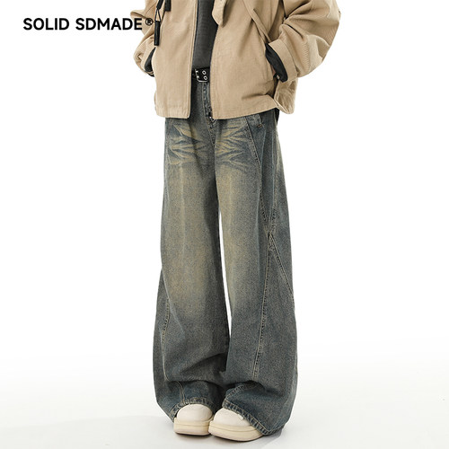 SOLIDSDMADE 美式复古水洗牛仔裤男秋季潮牌休闲裤宽松直筒阔腿裤