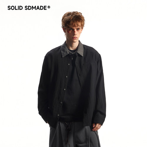 SOLID SDMADE 美式复古提花撞色翻长袖衬衫男秋季亚麻莱赛尔衬衣