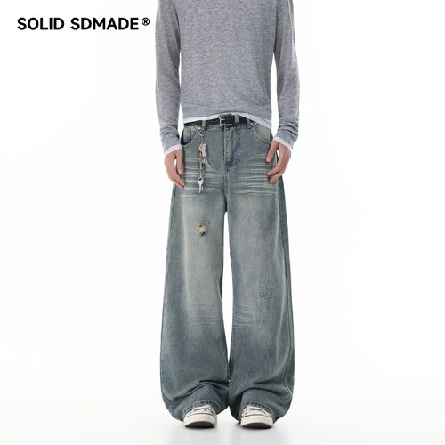 SOLID SDMADE 美式复古水洗破洞牛仔裤男女宽松阔腿拖地休闲长裤